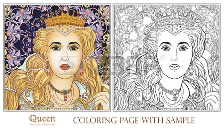 450x263 Queen On Medieval Floral Pattern Background. Coloring Book
