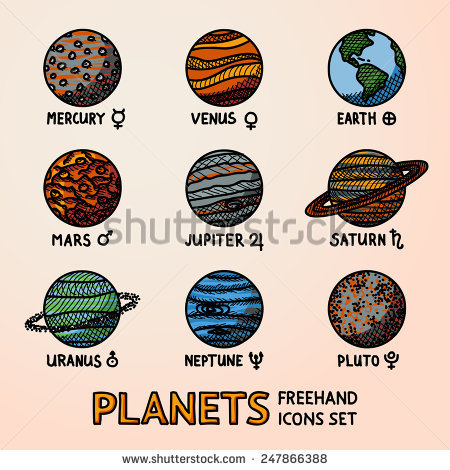 450x470 Set Of Color Hand Drawn Planet Icons With Names And Astronomical