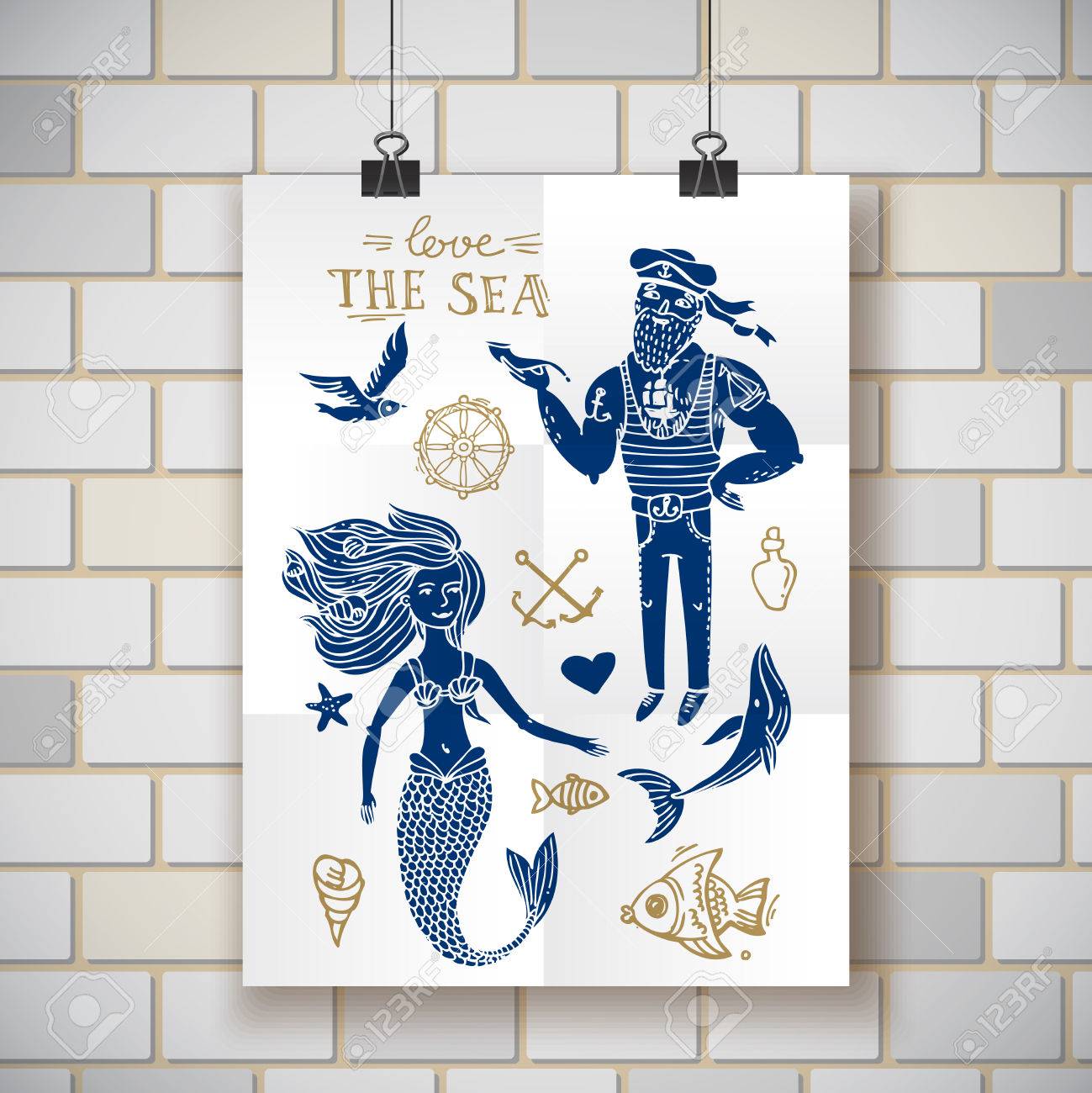 1299x1300 Illustration Sailor And Mermaid. Doodle Native Drawing. Royalty