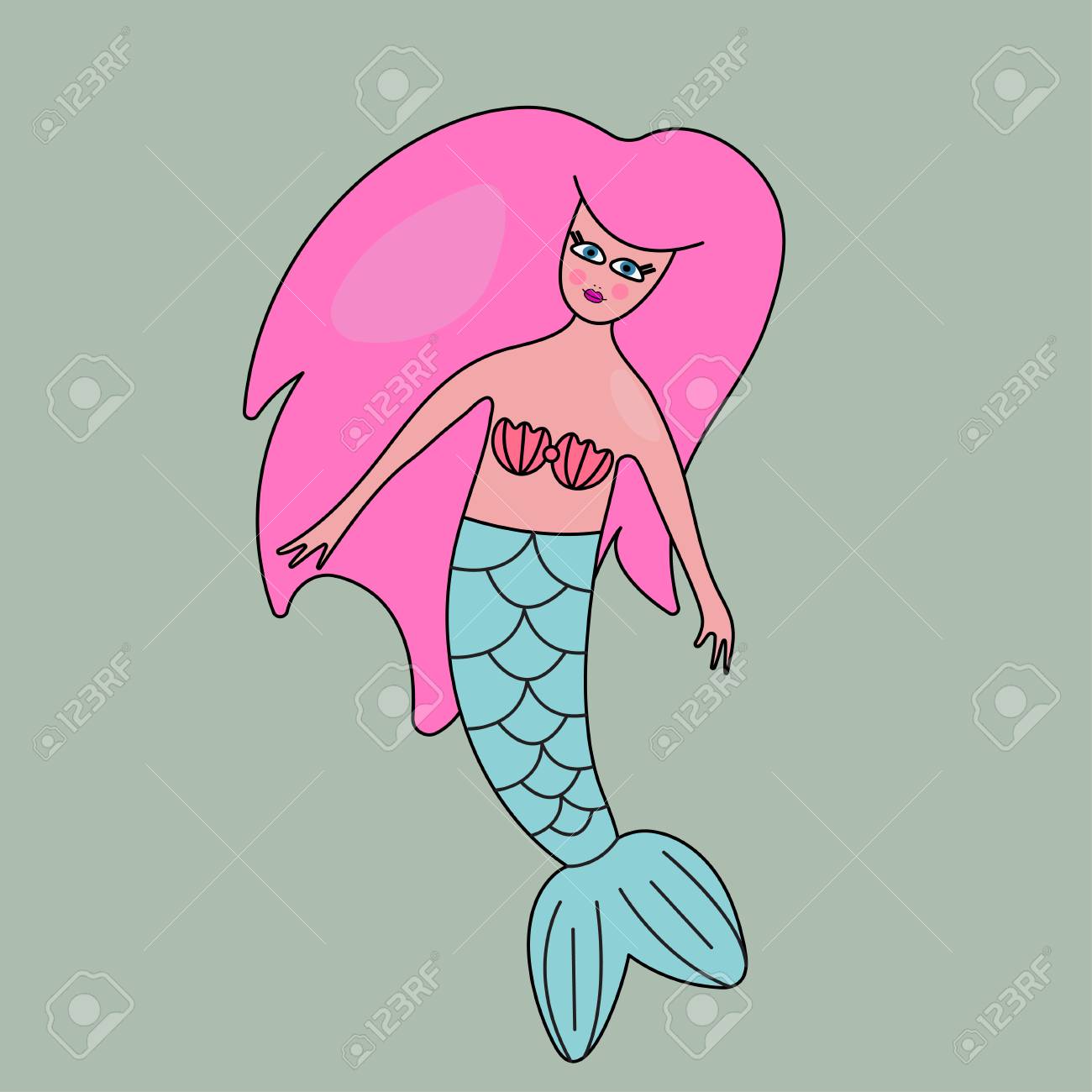 1300x1300 Mermaid With Pink Hair In Style Of Kids Drawing Isolated On White