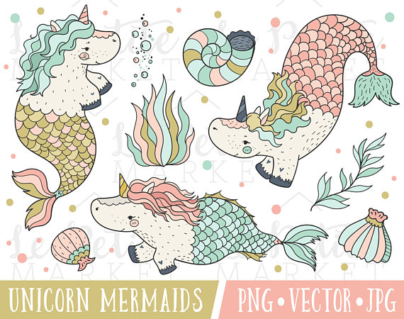 570x450 Unicorn Mermaid Illustration Set, Unicorn Mermaid Clipart, Mermaid