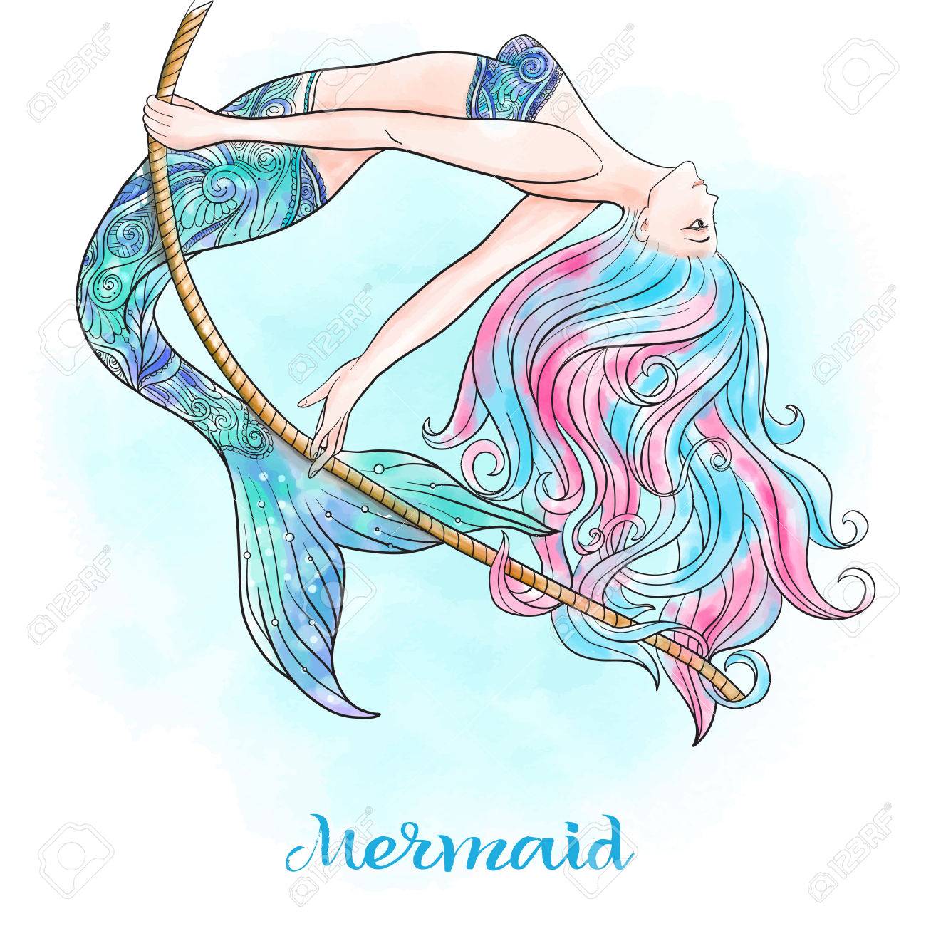 1300x1300 Hand Drawn Mermaid Swinging On A Rope, On Watercolor Background