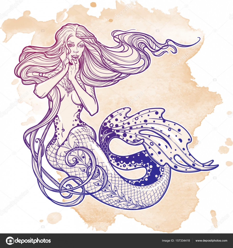 963x1024 Beautiful Mermaid Girl Sitting Hand Drawn Artwork. Sensual
