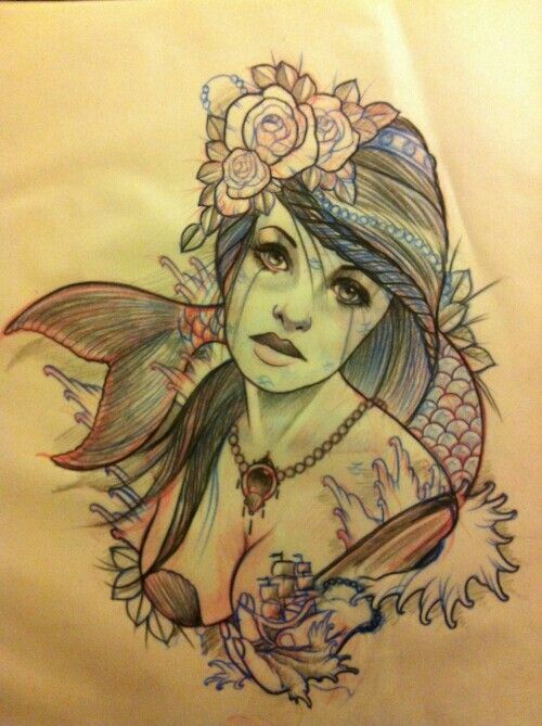 500x669 36 Best Traditional Mermaid Tattoo Drawing Images
