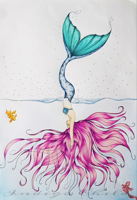 570x833 Art Drawing Diving Mermaid Drawing By Indigobox On Etsy Mermaid