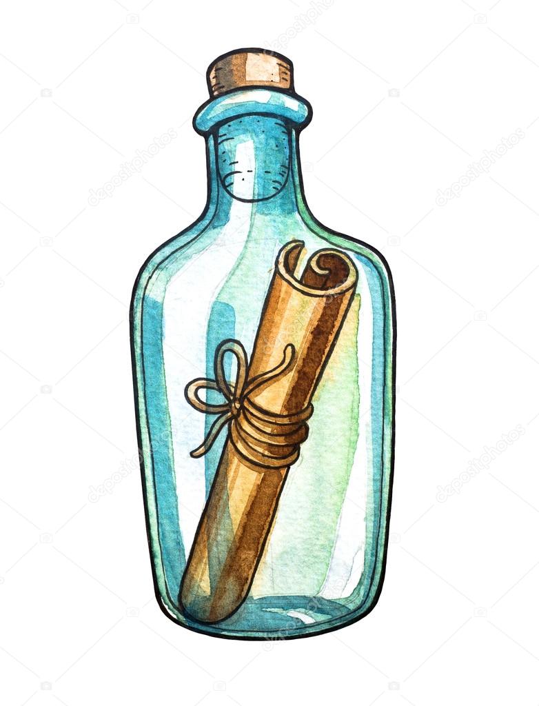 782x1024 Message In A Bottle. Watercolor Illustration. Stock Photo