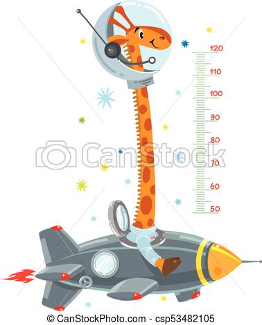378x470 Giraffe On Rocket. Meter Wall Or Height Chart. Cheerful Vector