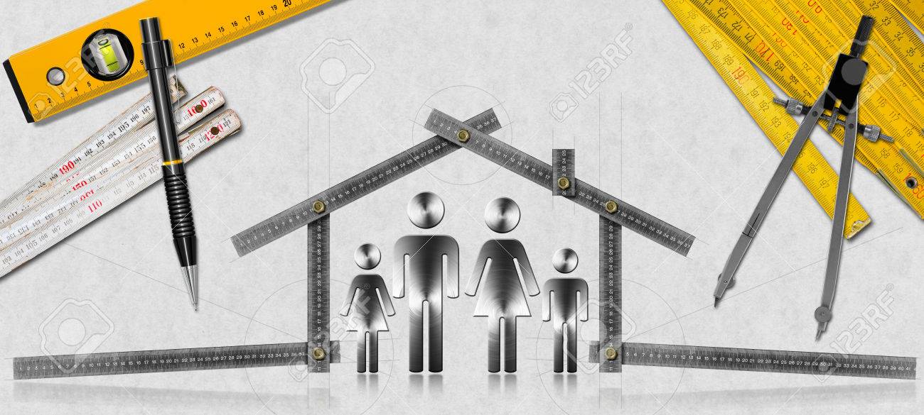 1300x585 House Project Concept. Meter Ruler In The Shape Of House