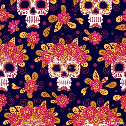 500x500 Skull And Flowers. Seamless Background. Mexican Day Of The Dead