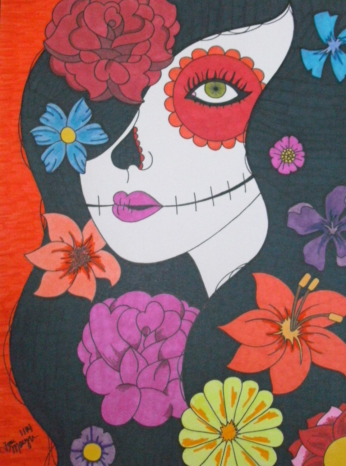 1113x1500 Sugar Skull Girl, Flowers Drawing, 9x12 Inch Drawing, Day