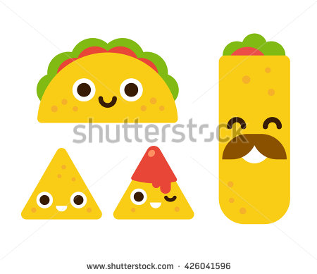 450x389 Mexican Food With Cute Smiling Faces. Taco, Burrito And Nachos