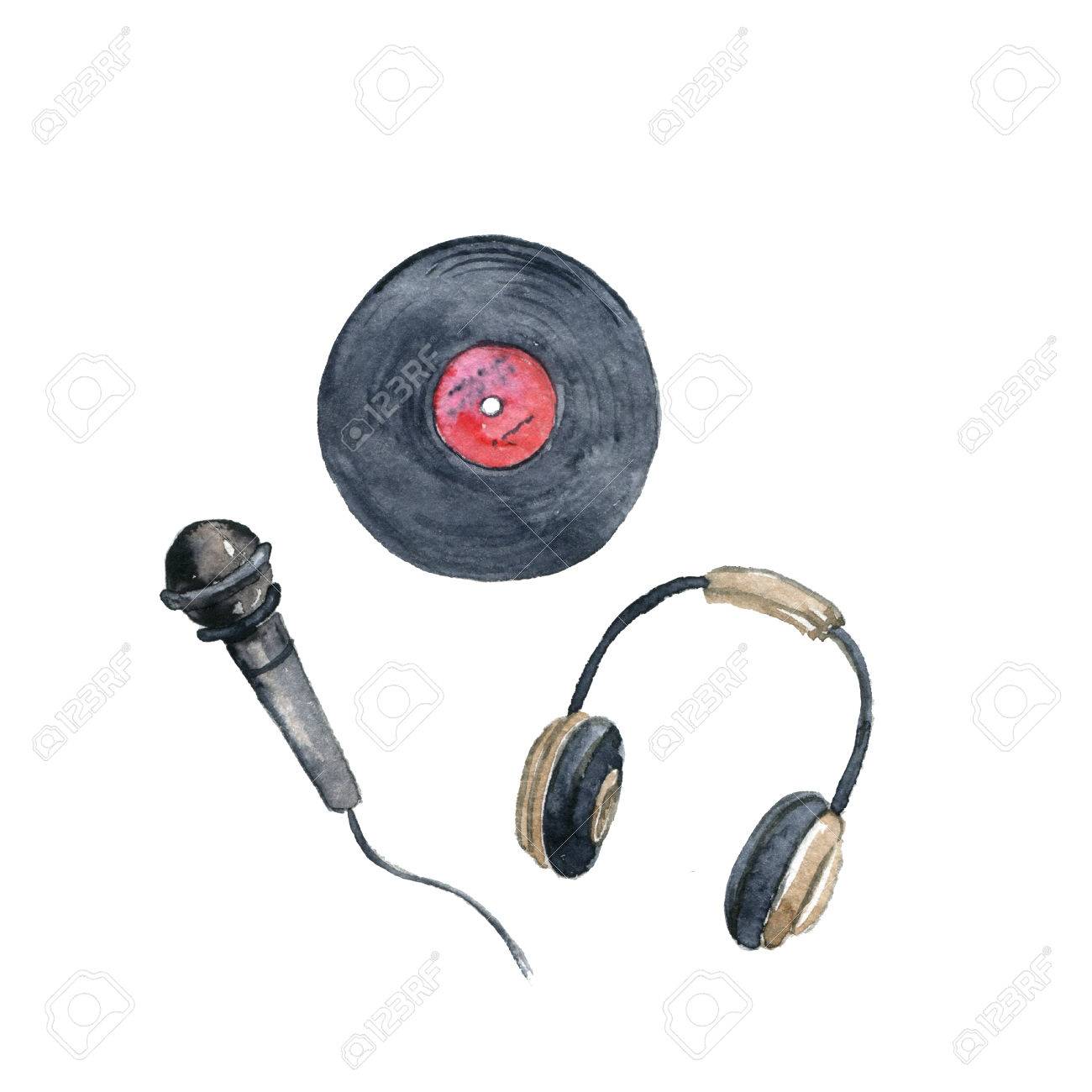 1300x1300 Watercolor Drawing Vinyl Record, Microphone And Headphones Stock