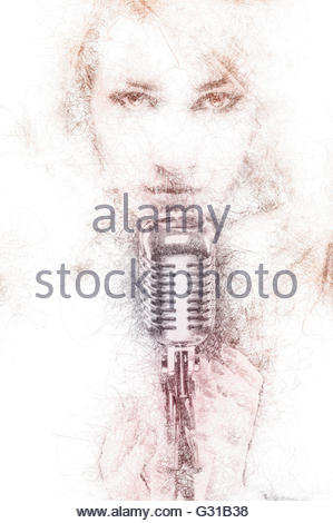 299x470 Silhouette Singer Woman With Retro Microphone Stock Photo