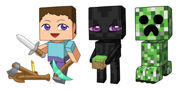 600x300 Minecraft Steve, Enderman Redone, Creeper Redone By