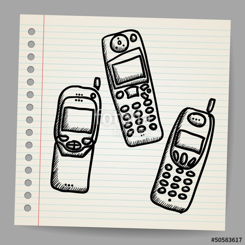 500x500 Old Mobile Phone Set. Hand Drawing Cartoon Sketch Illustration