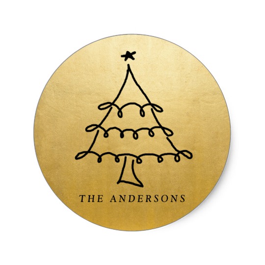 540x540 Modern Christmas Tree Drawing Faux Gold Foil Classic Round Sticker