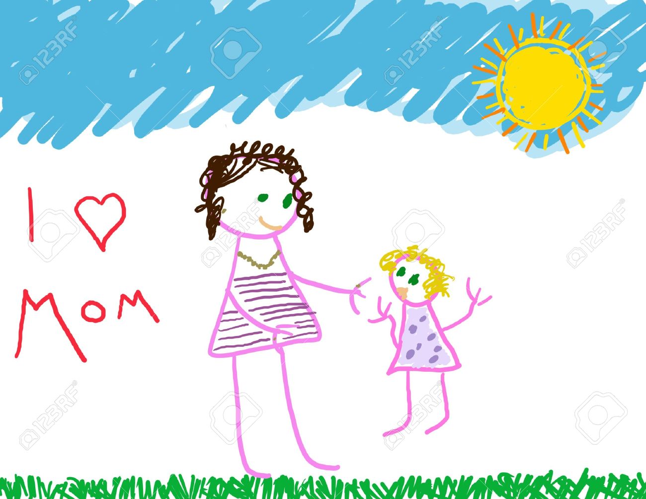 1300x1004 I Love Mom Drawing Of Mom Amp Daughter Stock Photo, Picture