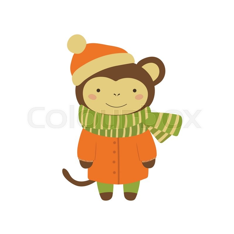 800x800 Monkey In Orange Warm Coat Adorable Cartoon Character. Stylized