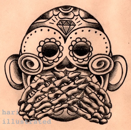 420x417 Speak No Evil Of Three Wise Monkeys On Black Colored Pencil