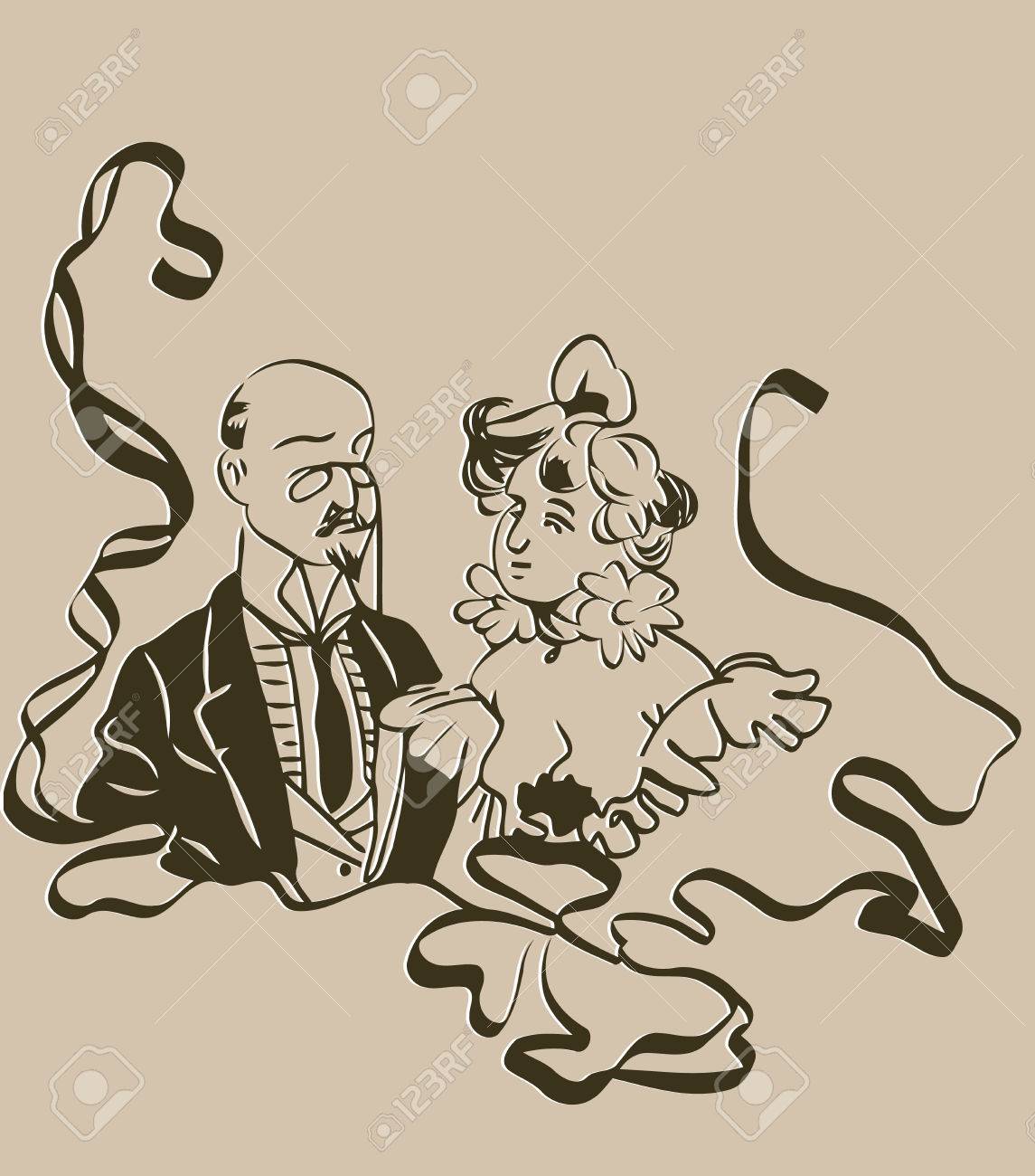1145x1300 Sketch Of A Bald Man With A Monocle With Him A Woman In A Retro