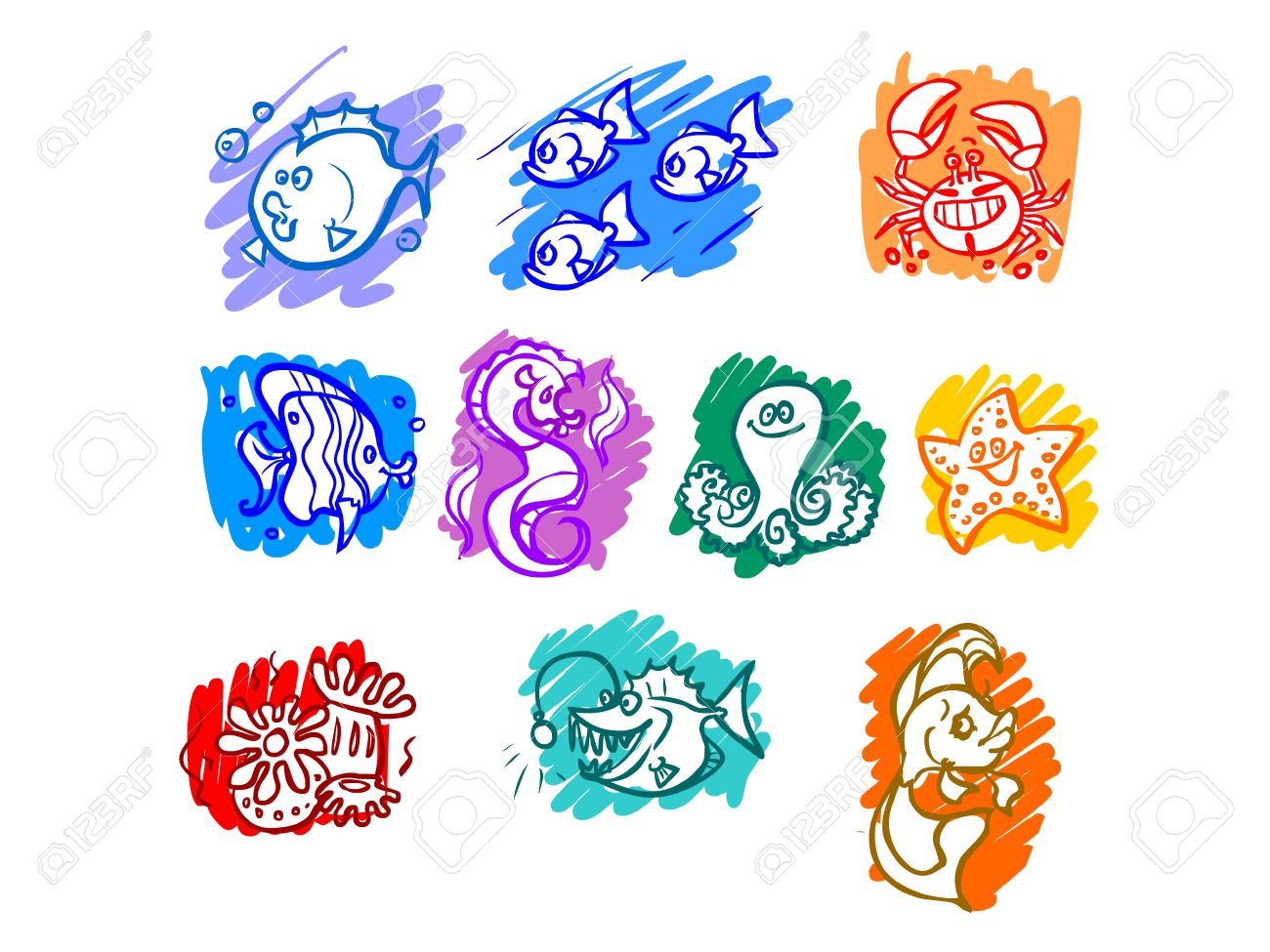 1300x975 Cartoon Illustration Of Marine Life. Fish, Seaweed, Octopus