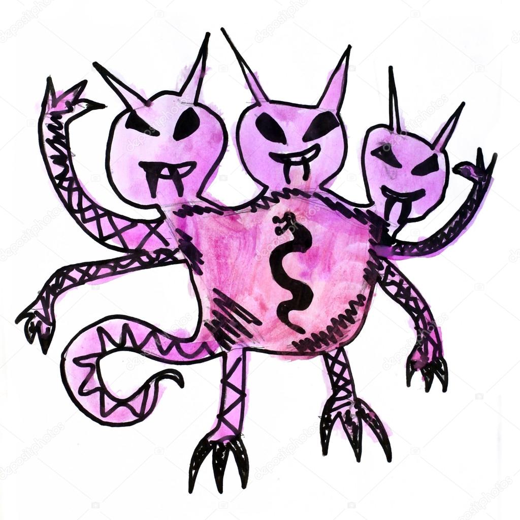 1024x1024 Monster Three Watercolor Heads Evil Hero Hand Drawing Isolated