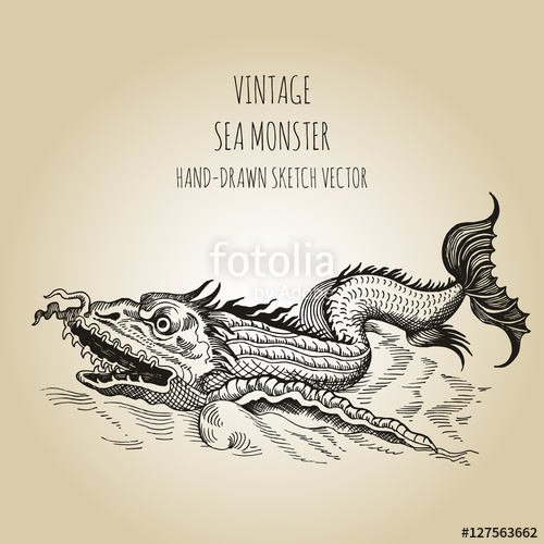 500x500 Mythological Vintage Sea Monster. Fragment Of Old Pirate Map. Hand