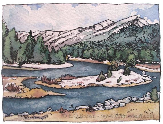 570x433 Madison River Montana Landscape Drawing Sketch Print By Eobrownart