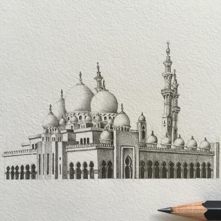 721x721 Intricately Detailed Miniature Drawings Of Real Mosques In The Uae