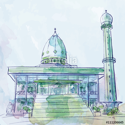 500x500 Islamic Design Vector Mosque Watercolor Brush Sktech Stock Image