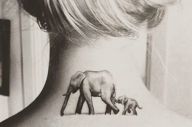 625x415 Mother Elephant With Baby Elephant Tattoo On Girl Nape