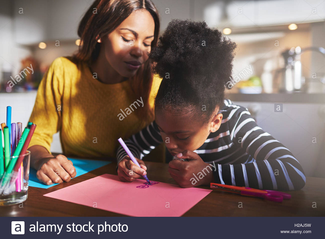 1300x957 Mom And Child Drawing In Kitchen, Black Mother And Daughter Stock