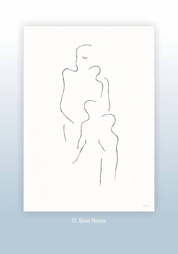 570x813 Mother With Three Children Drawing. Minimalist Line Art. Min