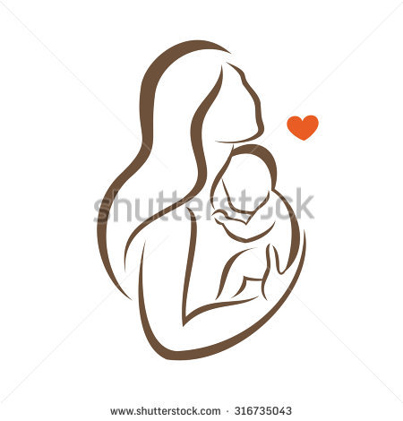 450x470 Mother And Baby Stylized Vector Silhouette, Outlined Sketch Of Mom