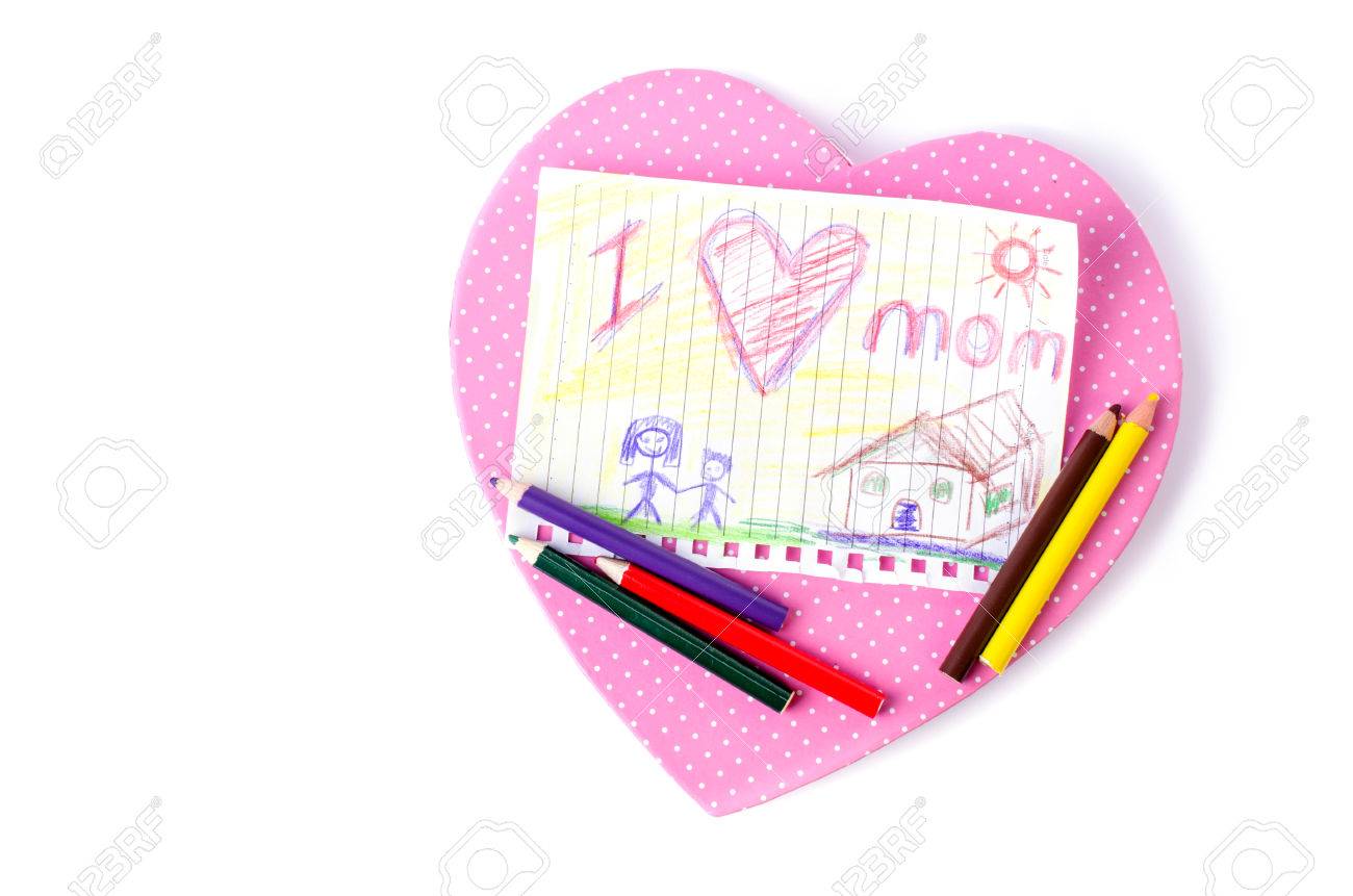 1300x861 Child Drawing Of Her Mother For Mother's Day With Pink Box Heart