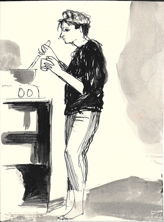 570x772 Agatha In The Kitchen Drawing Woman Portrait Cooking 21x15cm
