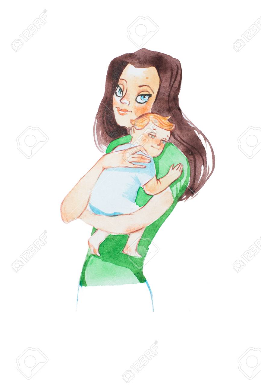866x1300 Aquarelle Illustration Of Beautiful Young Mother Holding Her
