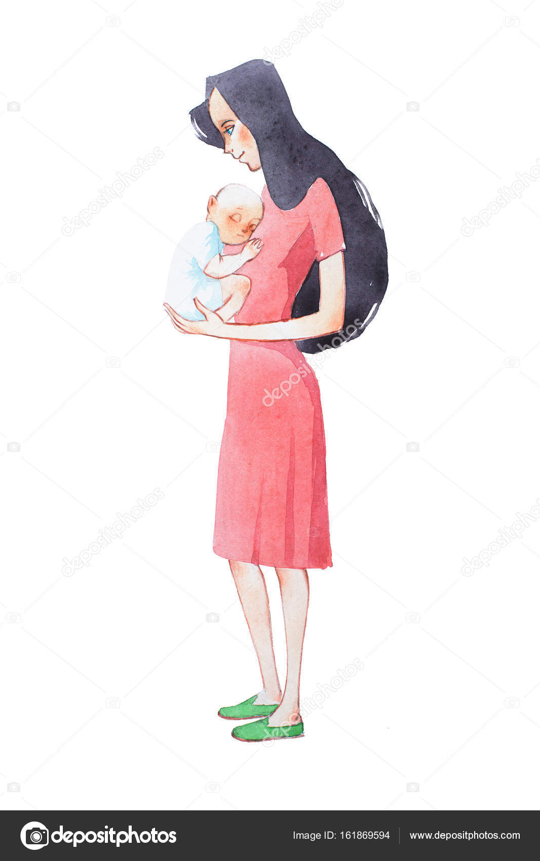 1066x1700 Young Mother Holding Her Sleeping Newborn Baby Hand Drawn