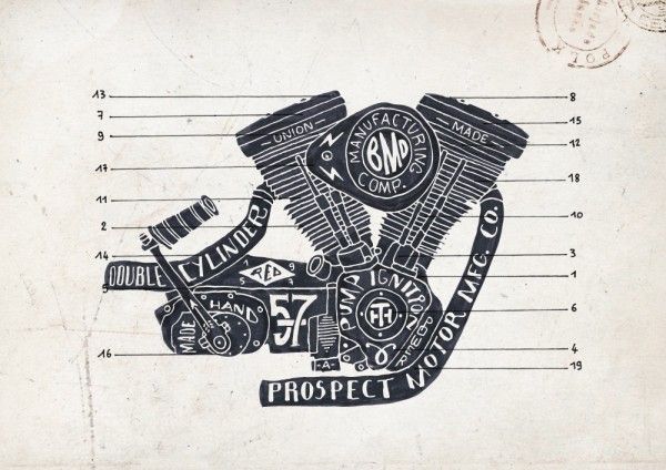 600x424 13 Hand Drawn Motorcycle Engine Illustration Diagram Art Crush