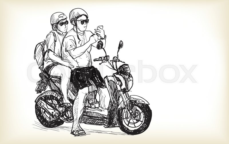 800x503 Sketch Of Touring Motorbike In City, Look A Map On Mobile Phone