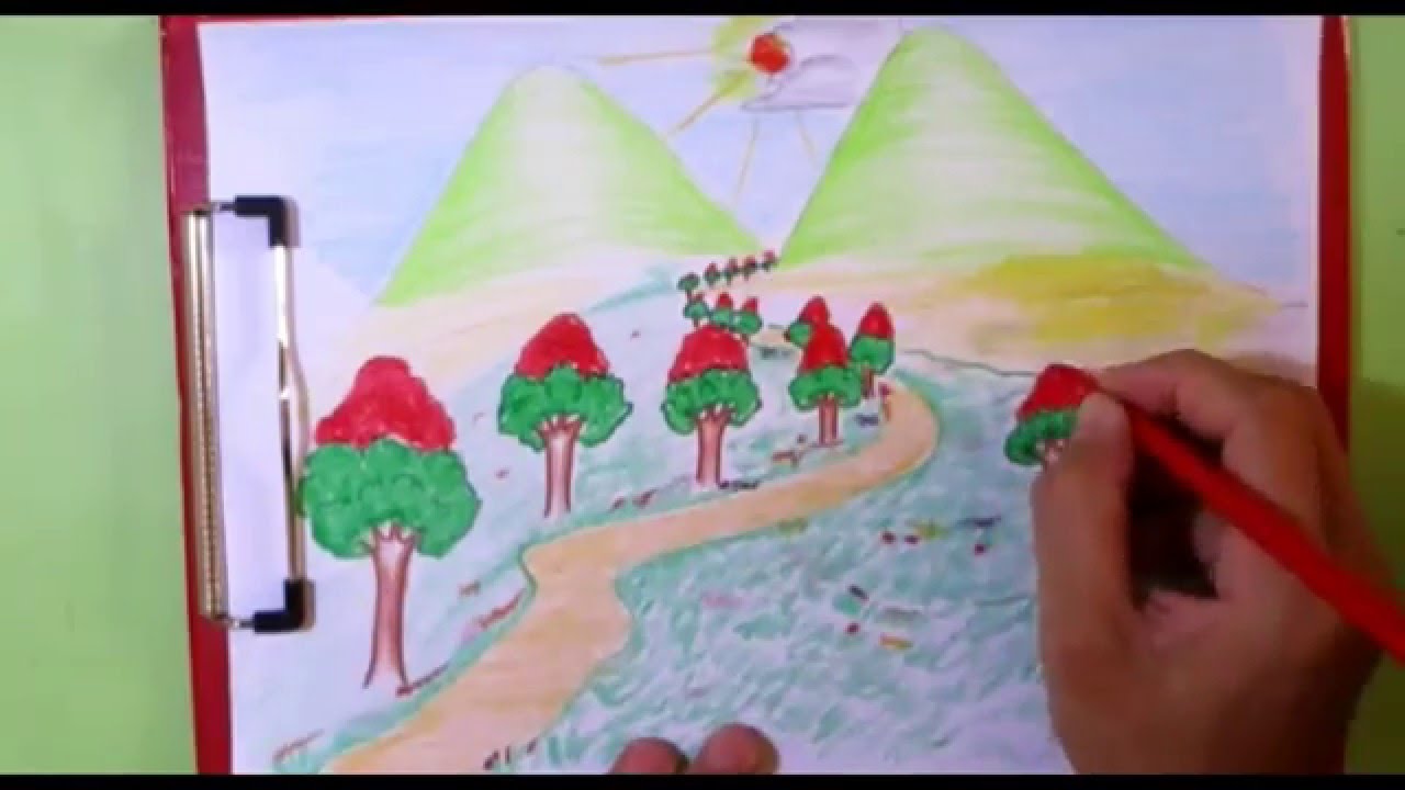 1280x720 How To Draw Mountain, Sun And Trees Kids Drawing Scenery