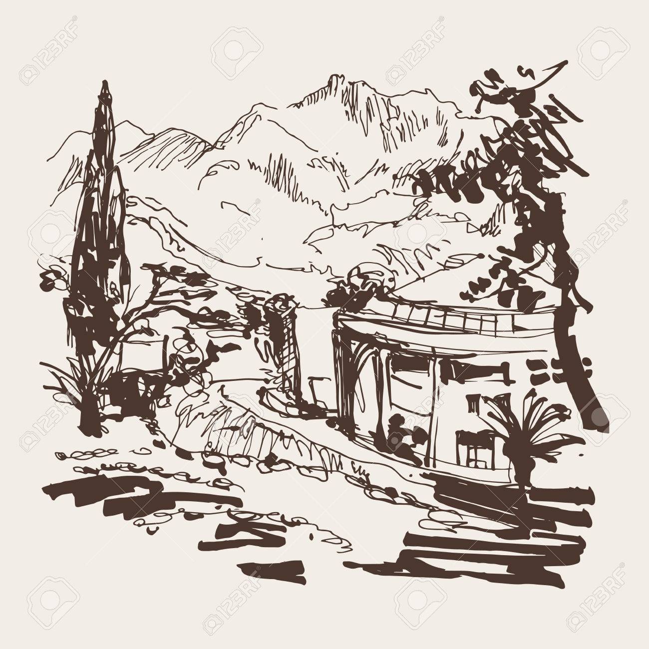 1300x1300 Sketching Of Park Alley View With Trees Cypress And Mountain