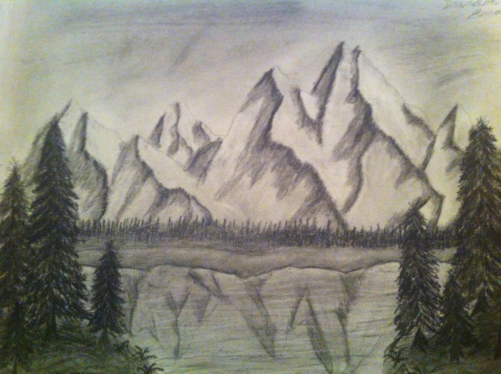 1024x765 Mountain Lake (My First Charcoal Drawing) By Smooty102
