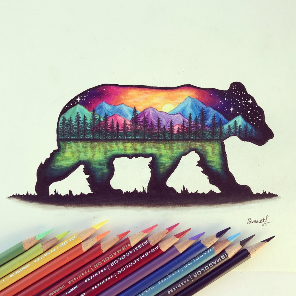 1024x1024 Original Bear Colourful Mountain Scene Drawing Samuel J Art