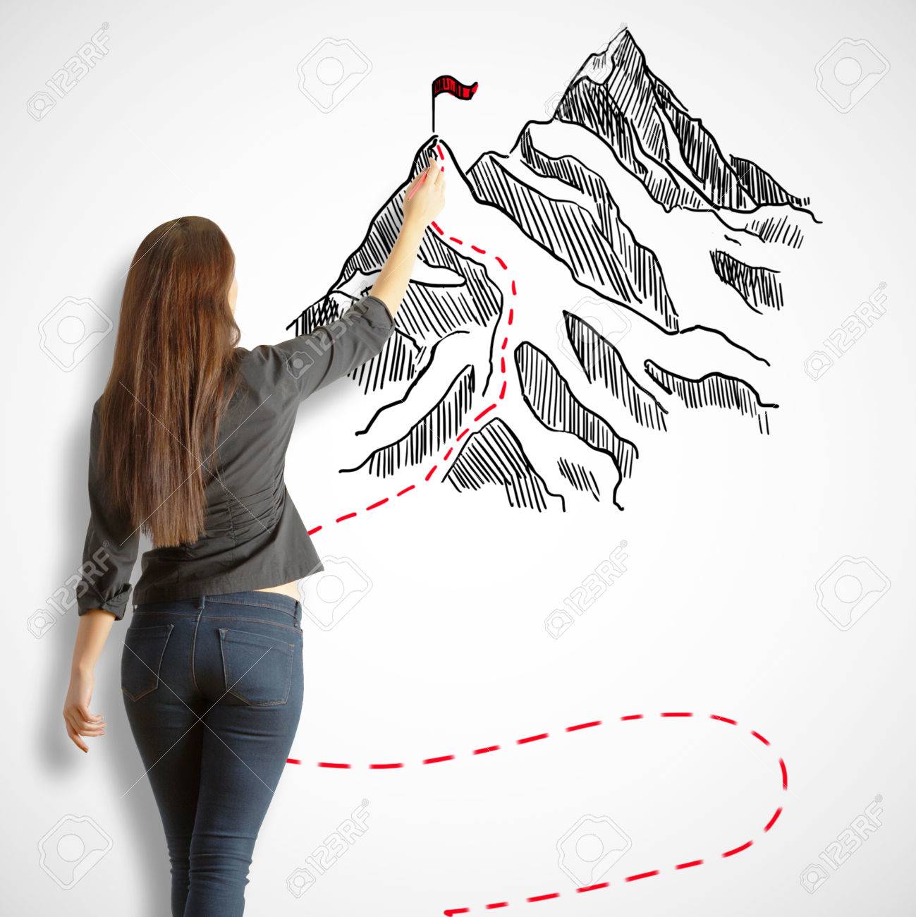 1299x1300 Back View Of Young Woman Drawing Mountains With Flag On White
