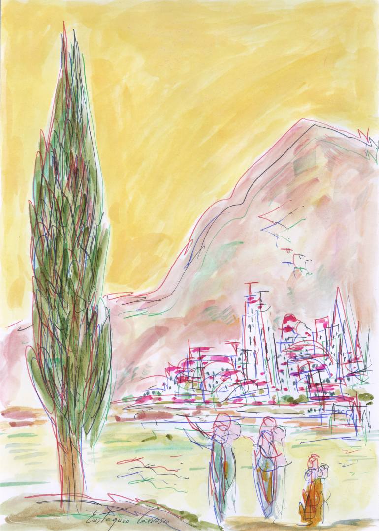 770x1080 Saatchi Art Cypress, Three People, River, City And Mountains