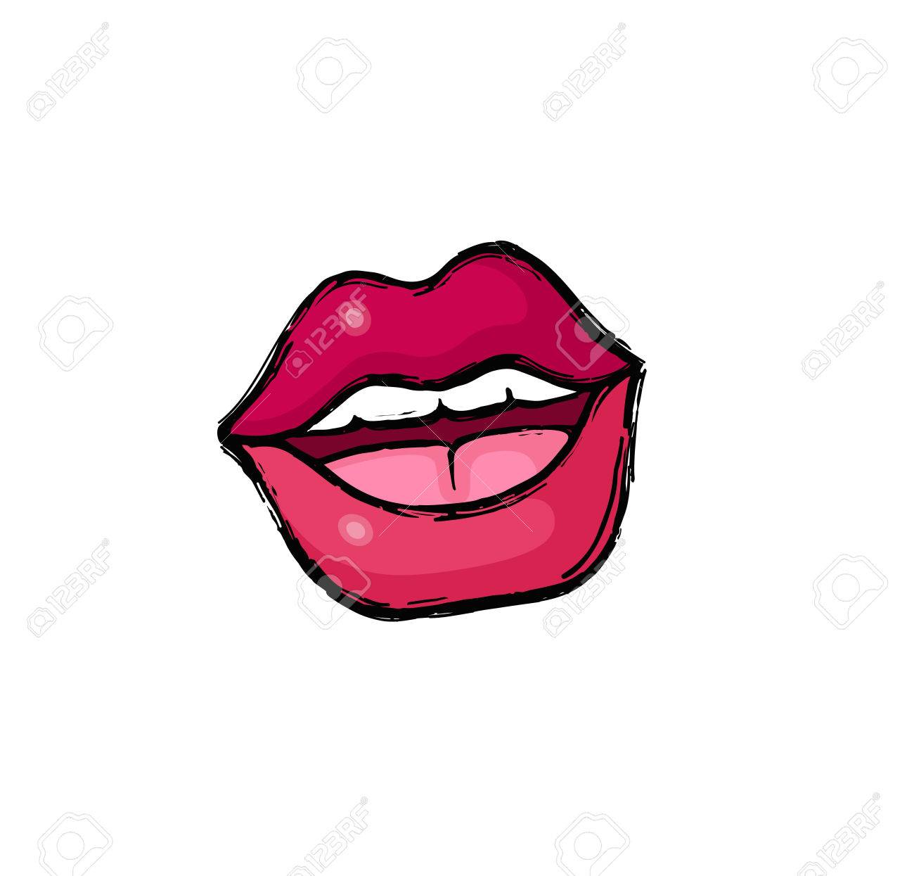 1300x1245 Fashion Pop Art Style Lips Patch Badge. Hand Drawing Vector