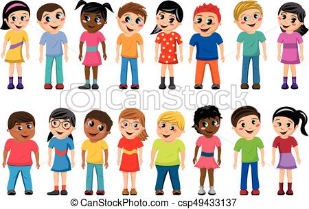 450x305 Multicultural Kids Children Standing Isolated. Set Of Vectors
