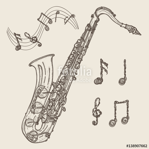 500x500 Saxophone And Music Notes, Vintage Hand Drawn Illustration