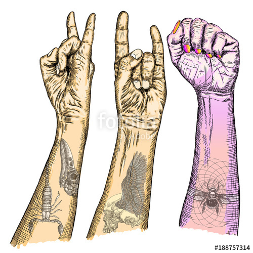 500x500 Set Of Rock And Roll Music Hand Sign. Hand Drawn Girl And Guy